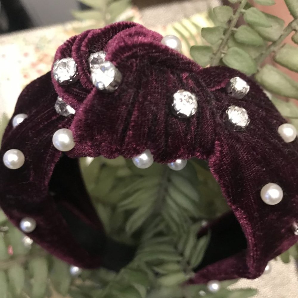 Statement purple amethyst crystal pearl silver velvet knot embellished headband